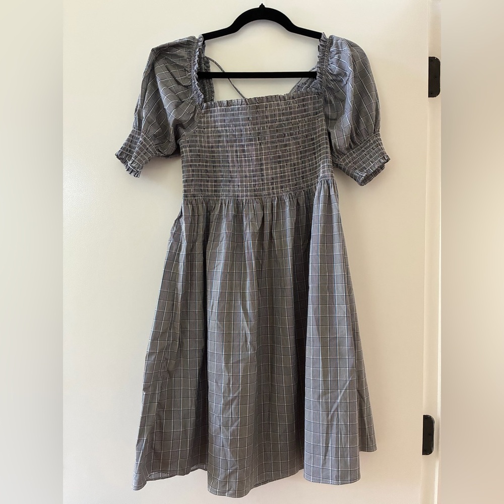 Hill House Gray Plaid Smocked Dress with Subtle Multicolor Stripes